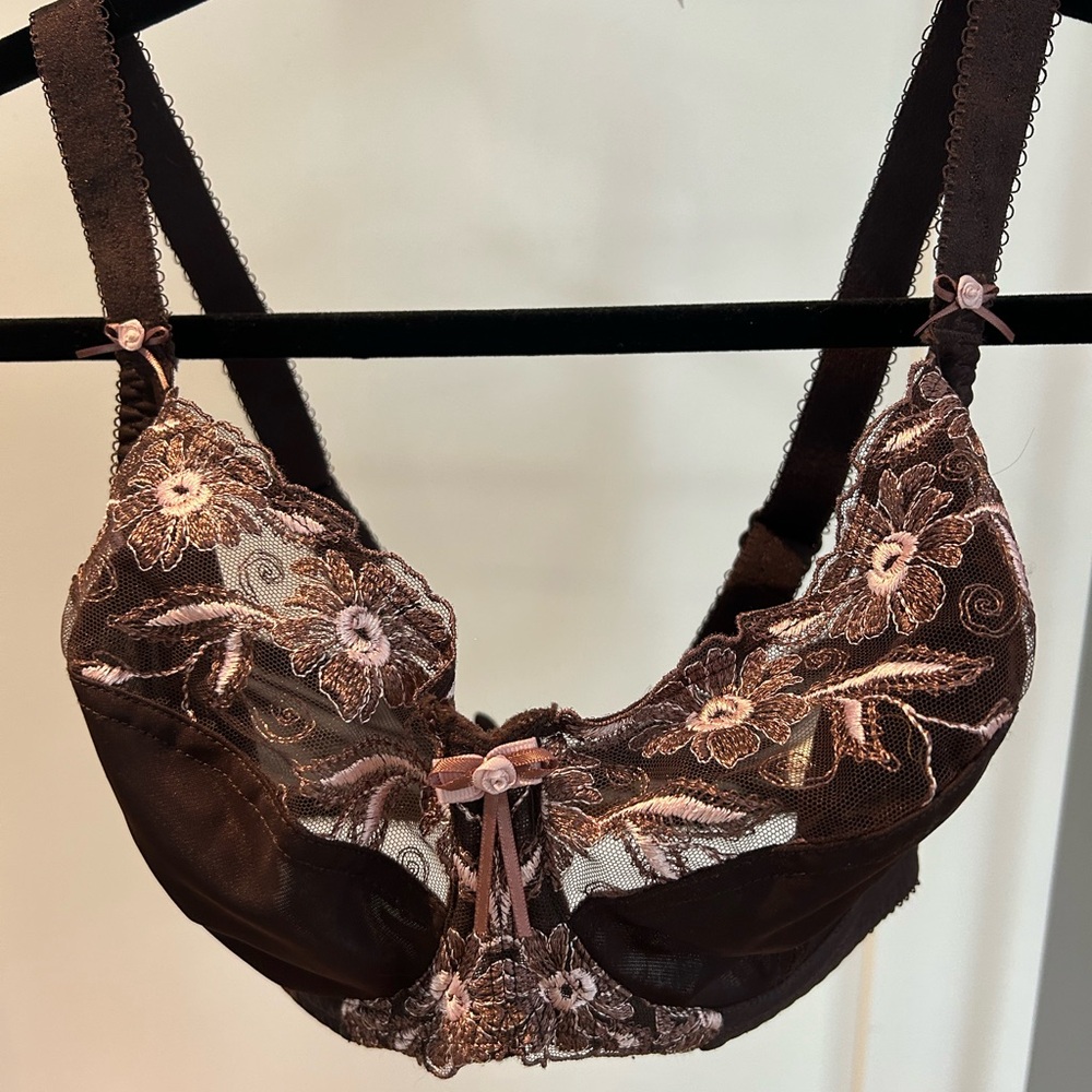 Fantasie Brown Satin Bra with Floral Overlay